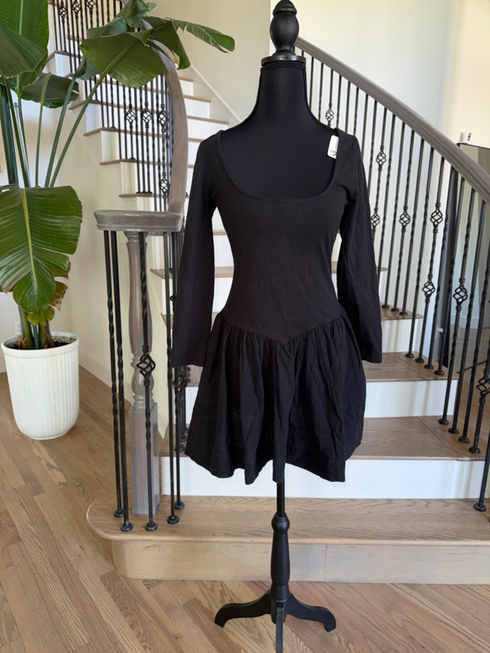 Free People Black Long Sleeve Scoop Neck Mini Dress